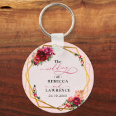 Chique rood roze bloemig en faux gouden bruiloft sleutelhanger (Voorkant)