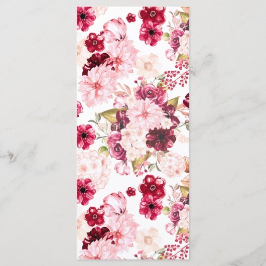 Chique rood-wijn & roze bloemige trouwmenu menu (Achterkant)