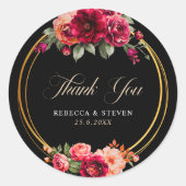 Chique rood zwart bloemenbruiloft dank u ronde sticker (Voorkant)