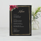 Chique rood zwart bloemenbruiloft menu (Staand voorkant)