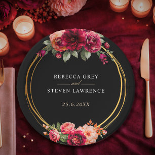 Chique rood zwart bloemenbruiloft papieren bordje