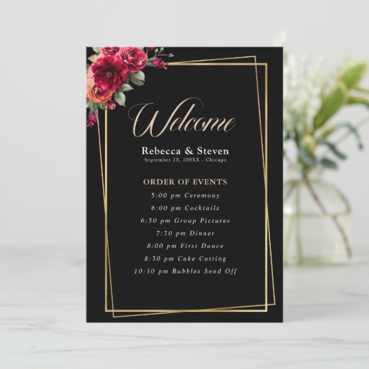 Chique rood zwart bloemenbruiloft programma (Staand voorkant)