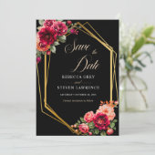 Chique rood zwart bloemenbruiloft save the date (Staand voorkant)