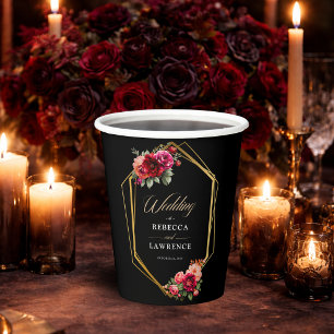 Chique rood zwart bloemenbruiloft uitnodiging papieren bekers