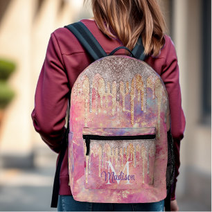Chique roos blush roze glitter druppels monogram t bedrukte rugzak