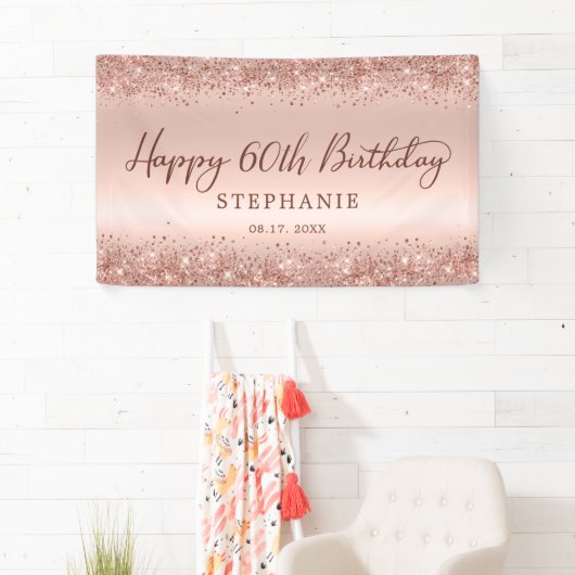 Chique Roos Gold Glitter Happy 60th Birthday Scrip Spandoek (Insitu)