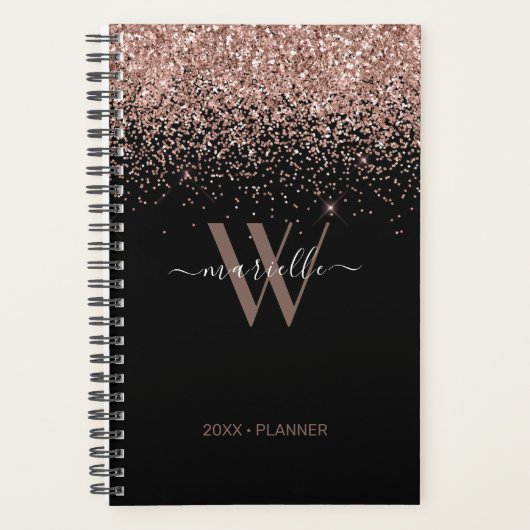 Chique Roos Goud Glitter Zwart Monogram 2024 Planner (Voorkant)