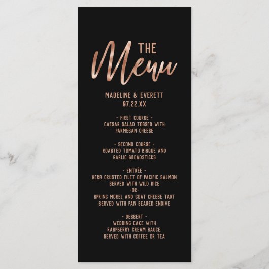 Chique Roos Goud Moderne Typografie Bruiloft Menu (Voorkant)