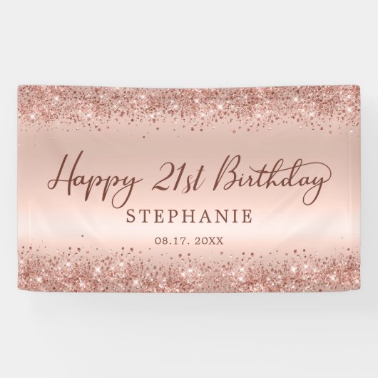 Chique Roos Gouden Glitter Happy 21st Verjaardagss Spandoek (Horizontaal)