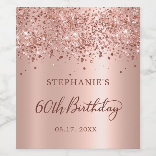 Chique Roos Goudfolie Glitter 60e Verjaardag Monog Wijn Etiket (Enkel label)