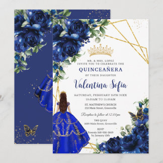 Chique Royal Blauw Bloemen Prinses Goud Quinceañer Kaart