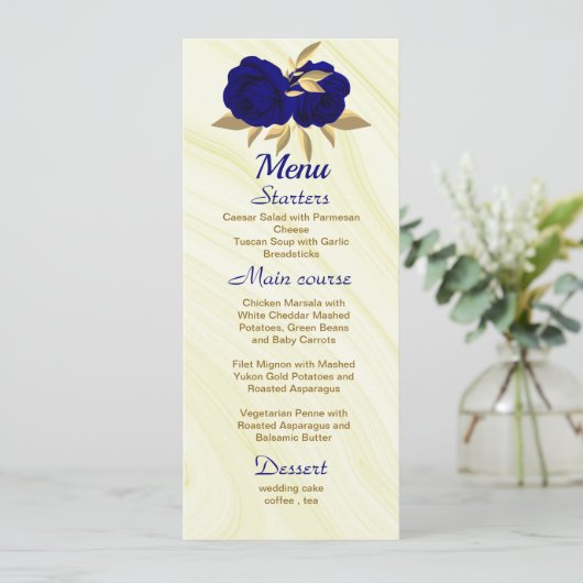 chique royal blauw goud bloemenbruiloft menu (Staand voorkant)