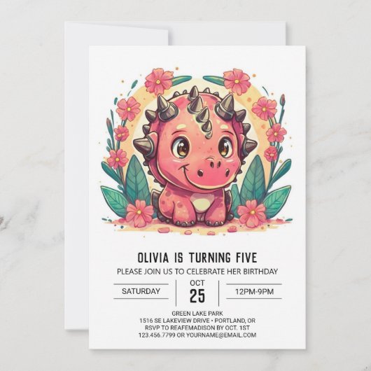 Chique roze aangepaste dinosaurus meisje verjaarda kaart (Voorkant)