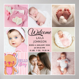 Chique roze aangepaste naam en babemeisje fotocoll poster