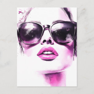 Chique Roze Aquarel Mode Vrouw Zonnebril Aankondigingskaart