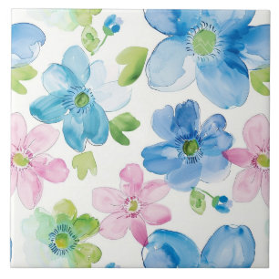 Chique roze blauwe bloemen tegeltje