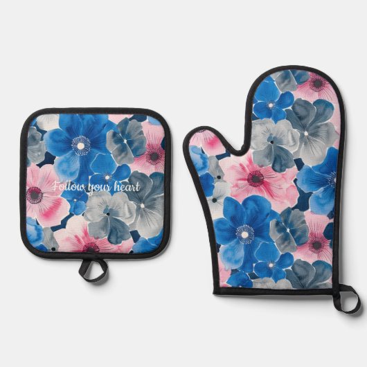 Chique roze blauwe bloemige bruidsdouche ovenwant & pannenlap set (Voorkant)