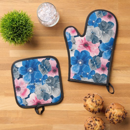 Chique roze blauwe bloemige bruidsdouche ovenwant & pannenlap set (Top down)