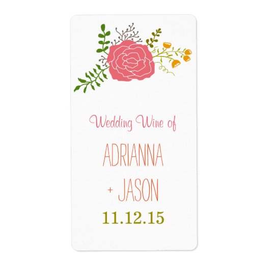Chique roze bloem groen blad bruiloft wijn etiket (Voorkant)
