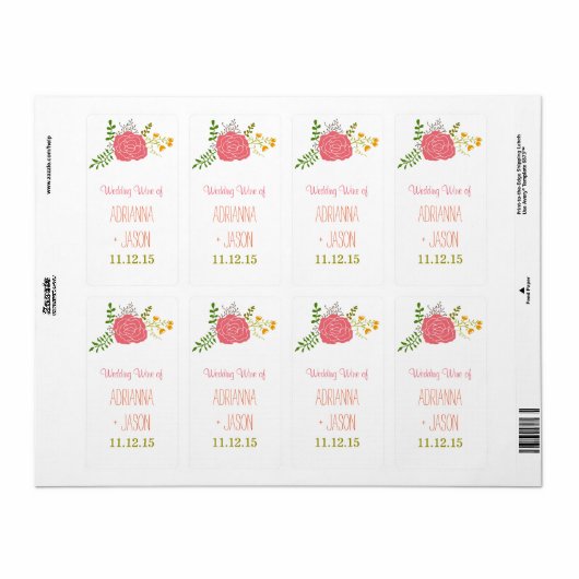 Chique roze bloem groen blad bruiloft wijn etiket (Full Sheet)