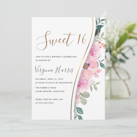 Chique roze bloemblaadje zoet zestien 16 verjaarda kaart (Staand voorkant)