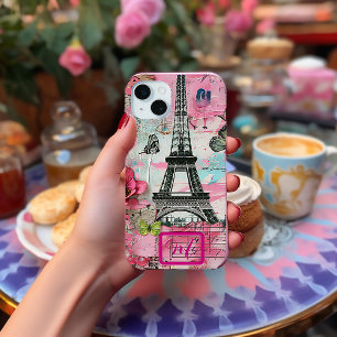 Chique  Roze Bloemen Getrancheerd Scrapbook Paris iPhone 15 Mini Hoesje