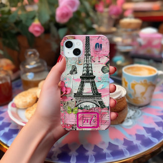 Chique  Roze Bloemen Getrancheerd Scrapbook Paris iPhone 15 Mini Hoesje