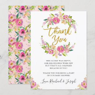 Chique Roze Bloemendruk Schrift Babyshower Bedankk Kaart