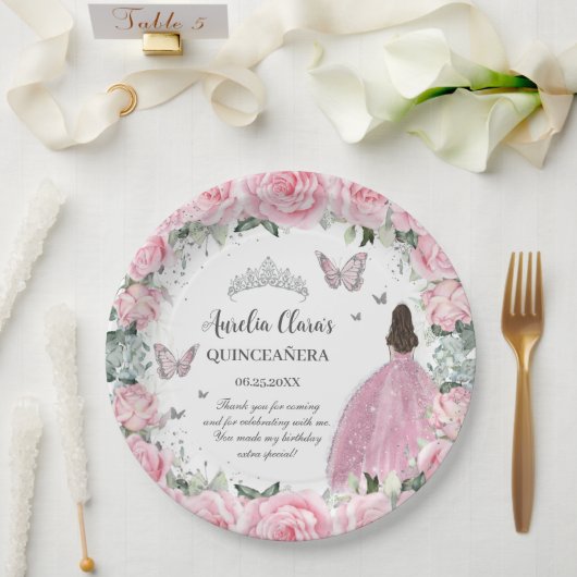 Chique Roze Bloemige Prinses Zilver Quinceañera XV Papieren Bordje (Huwelijk)