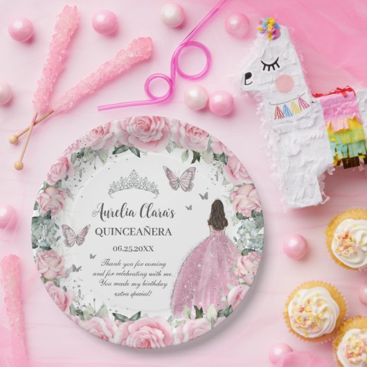 Chique Roze Bloemige Prinses Zilver Quinceañera XV Papieren Bordje (Feest)