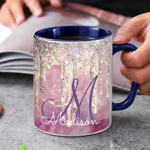 Chique roze blos roze glinster druppels monogram mok