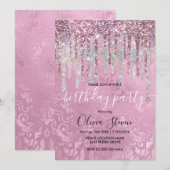 Chique roze damast druipende eenhoorn glitters mon kaart (Voorkant / Achterkant)