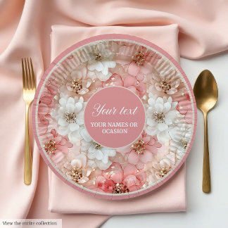 Chique roze en gouden bloemen 50ste verjaardagsbor papieren bordje