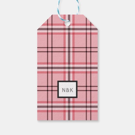 Chique roze en grijze ruitjes modepatroon feest cadeaulabel (Achterkant)