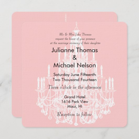 Chique roze en witte kroonluchter bruiloft kaart (Voorkant / Achterkant)