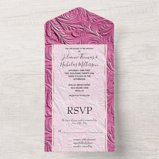 Chique roze faux leer all in one uitnodiging (Binnen)