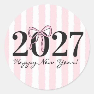 Chique roze gestreepte strik 2027 Nieuwjaarsparty Ronde Sticker