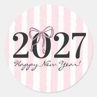 Chique roze gestreepte strik 2027 Nieuwjaarsparty Ronde Sticker