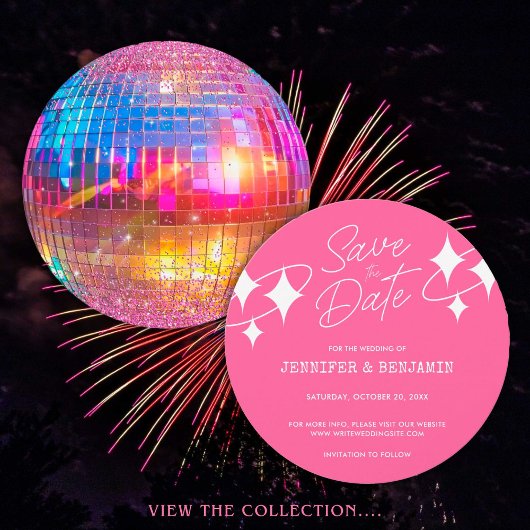 Chique Roze Glitter Disco Ball Bruiloft Save the D Kaart