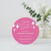 Chique Roze Glitter Disco Ball Bruiloft Save the D Kaart (Staand voorkant)