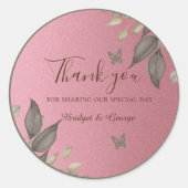Chique Roze Glitter Foliage Bruiloft dank u Ronde Sticker (Voorkant)
