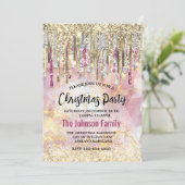 Chique roze goud glitter druppels monogram kerst kaart (Staand voorkant)