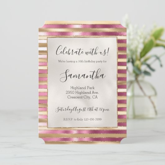 Chique roze gouden glam strepen kaart (Staand voorkant)