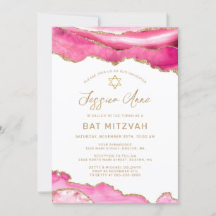 Chique Roze Gouden Glitter Agate Bat Mitzvah Kaart