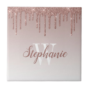 Chique Roze Gouden Glitter Drip Monogram Tegeltje