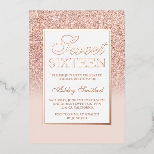 Chique roze gouden glitter sparkels ombre Sweet 16 Folie Uitnodiging (Voorkant)