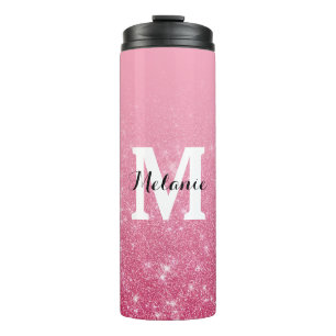 Chique roze gradiënt faux glitter monogram thermosbeker