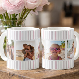 Chique roze grijze streep Multi-fotogrid Koffiemok