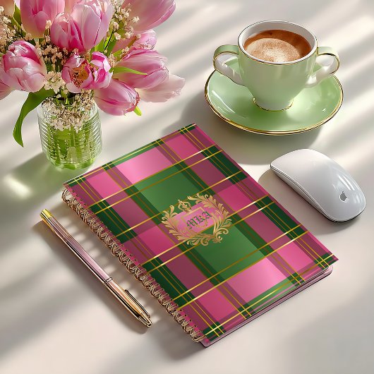 Chique Roze Groen Geruit Monogram Persoonlijke Pla Planner