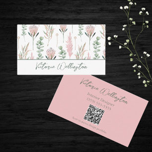 Chique Roze & Groen Land Bloemen QR Code Visitekaartje